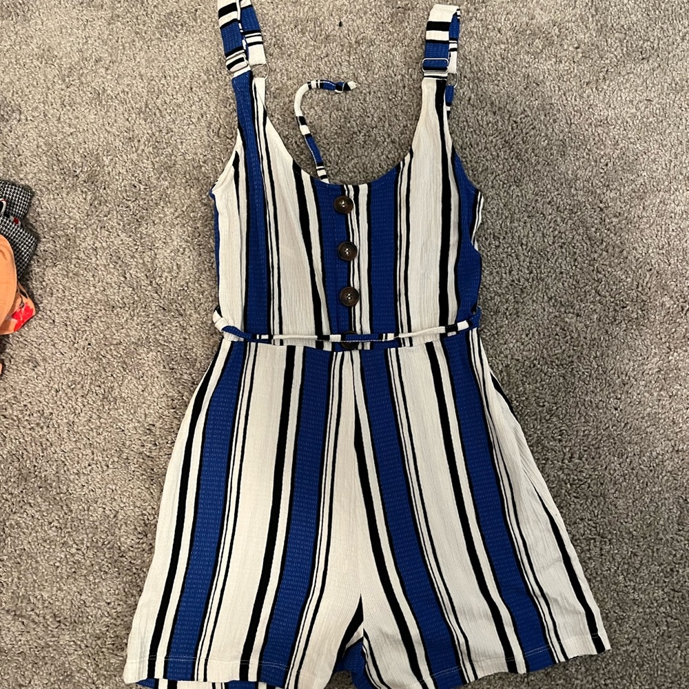 blue and white striped romper